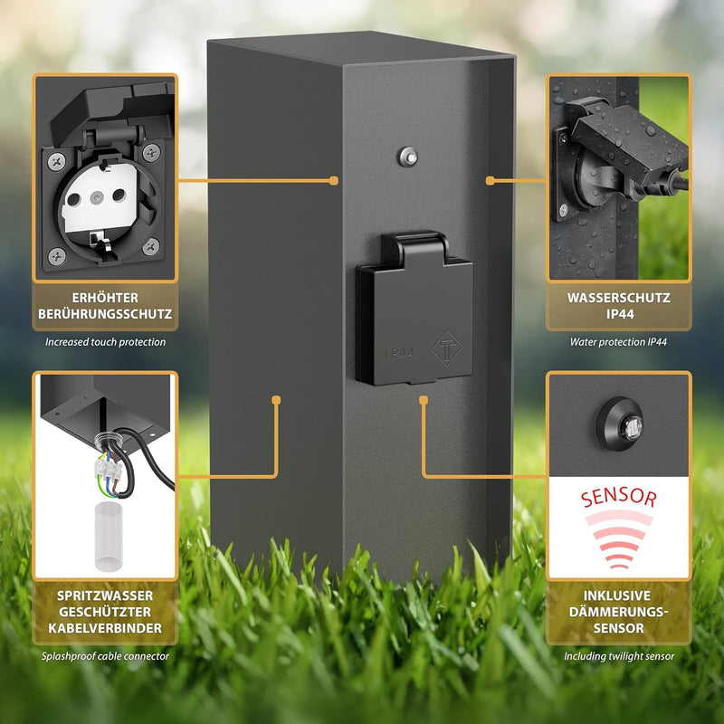 ledscom.de Garten-Steckdosensäule POMI mit Erdspiess und 2m Kabel für aussen, IP44, Dämmerungssensor