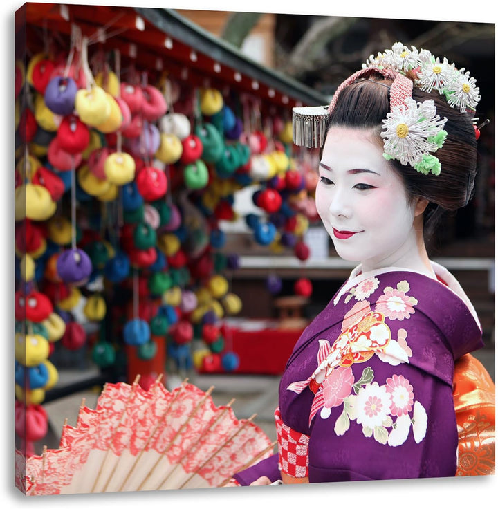 Anmutige Geisha mit Fächer, Format: 70x70 auf Leinwand, XXL riesige Bilder fertig gerahmt mit Keilra