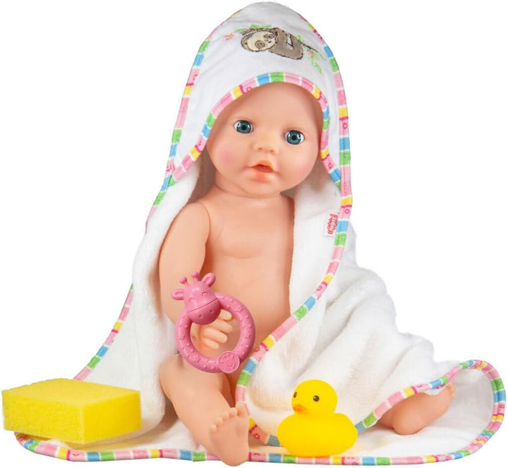 Heless 279 - Puppen-Pflegeset, 4 teilig, Kapuzenbadetuch inklusive Zubehör, Faultier Flauschi, für P