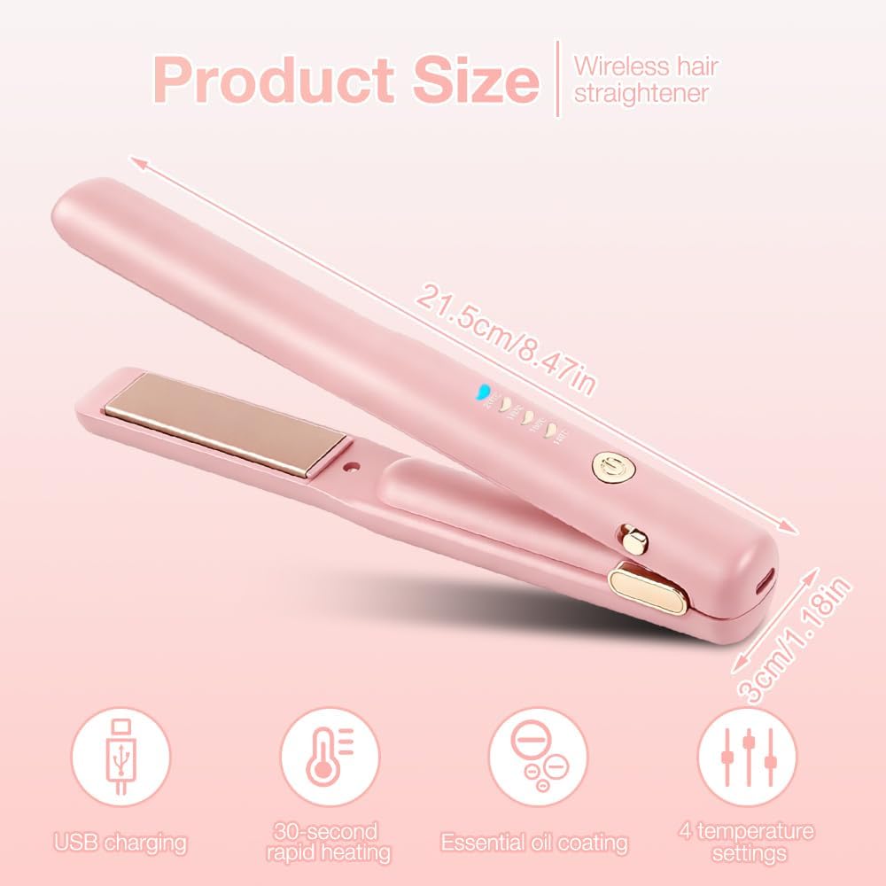 2 In 1 Mini Glätteisen Kabellos und Lockenstab, Hair Straightener, 4 Temperaturen, Wiederaufladbare