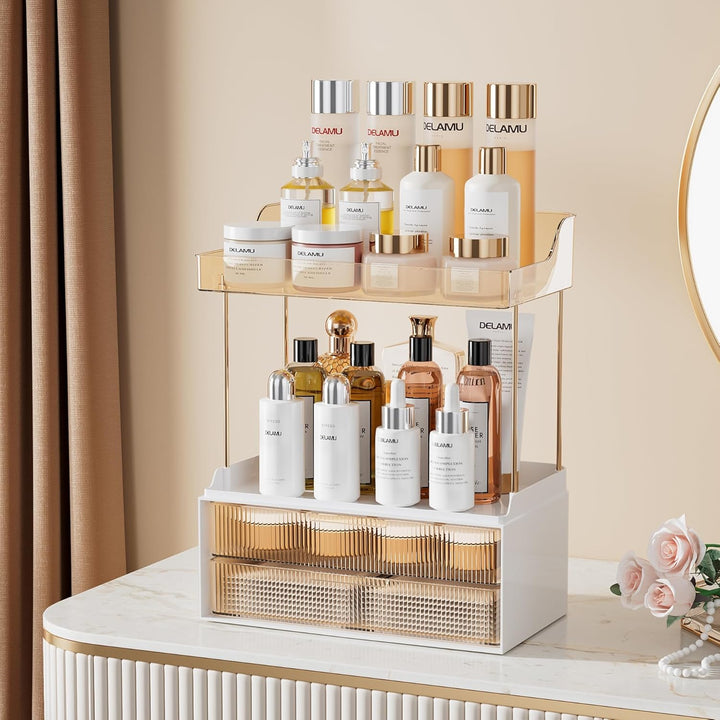 Delamu Make Up Organizer mit 2 Schubladen, 2 Etagen Kosmetik Organizer, Multifunktions Grösser Kosme