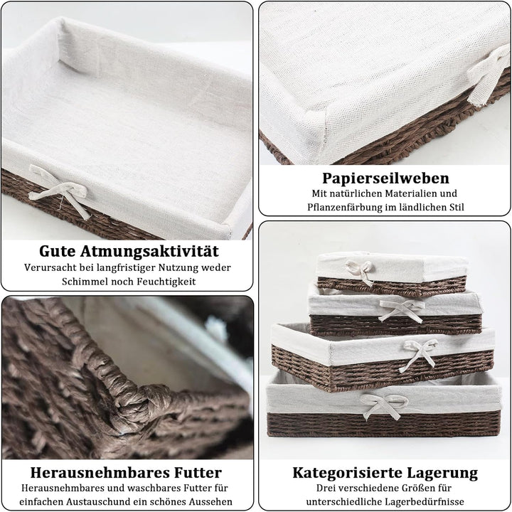 4er Set Brotkörbchen mit Baumwolleinsatz, 4 Grössen Brötchenkorb | mit Innen Metallrahmen | Brotkorb