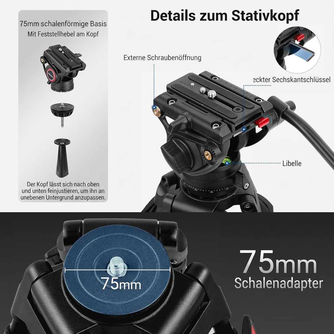 NEEWER 74" Pro Videostativ mit Fluidkopf, QR Platte kompatibel mit DJI RS Gimbals Manfrotto, strapaz