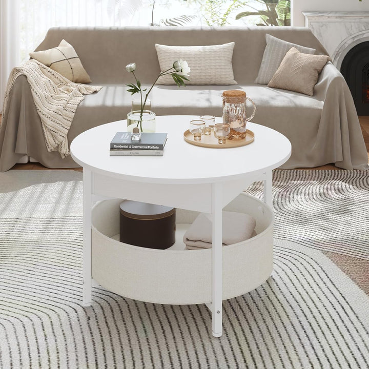 Couchtisch Rund mit Hebeplatte, Couchtisch Höhenverstellbar, Beistelltisch, Wohnzimmertisch mit Korb