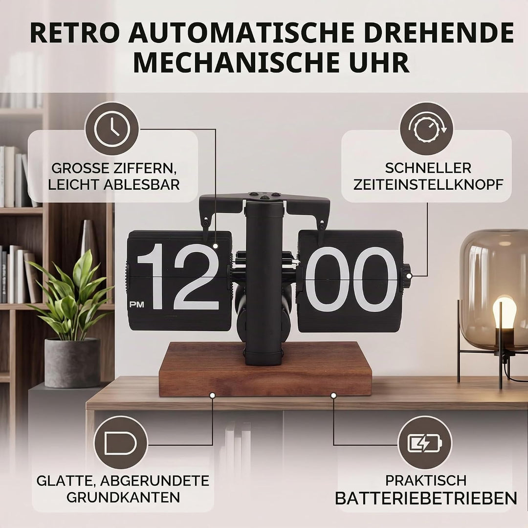 Ejoyous Retro Flip Clock, Grosse Zahlen, Einstellbarer Timer, Schwarznussmaterial, Luxusdesign, für