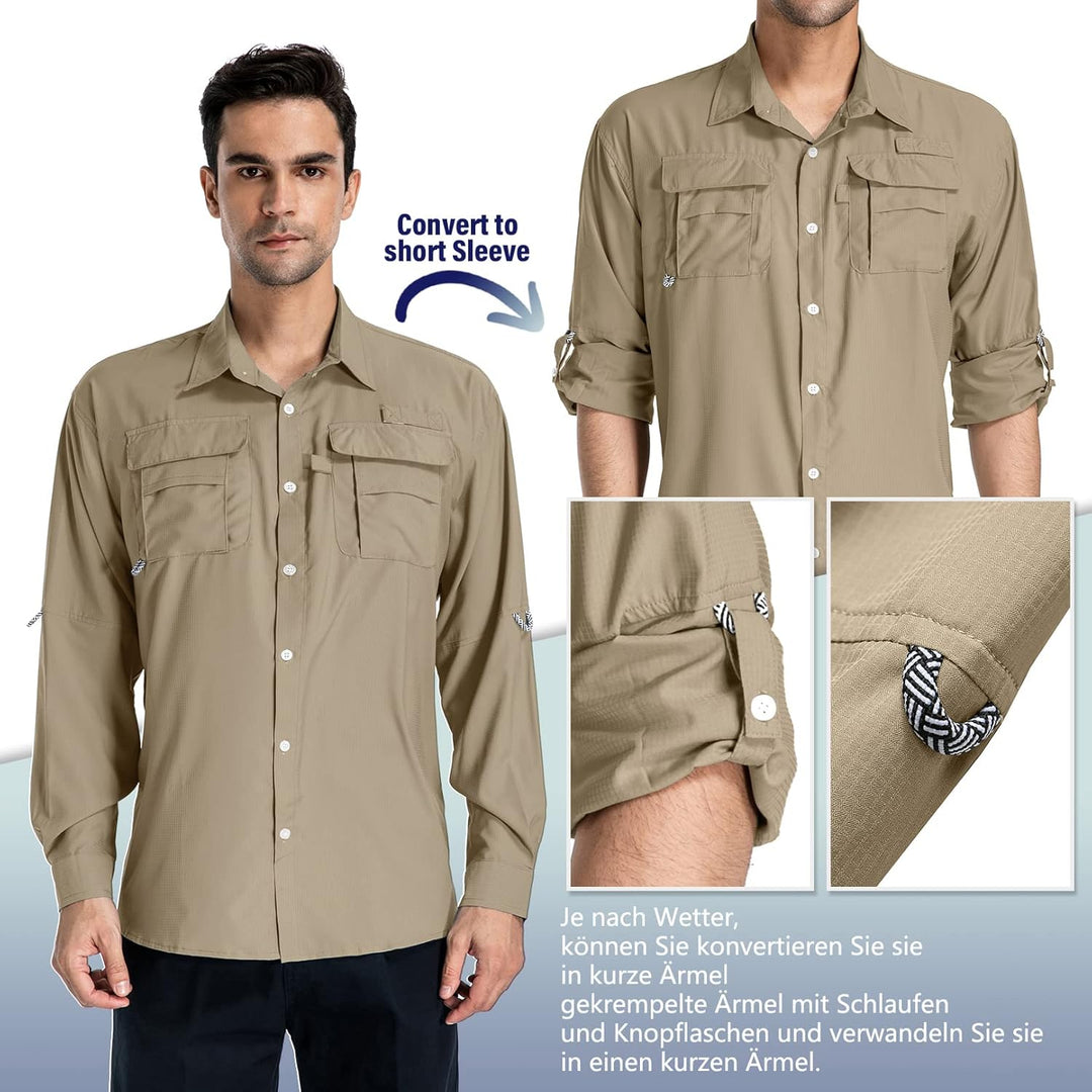 yeyity Outdoor Hemd Herren Langarm Safari Hemd UPF50 UV Schutz Funktionshemd Atmungsaktiv Button Dow