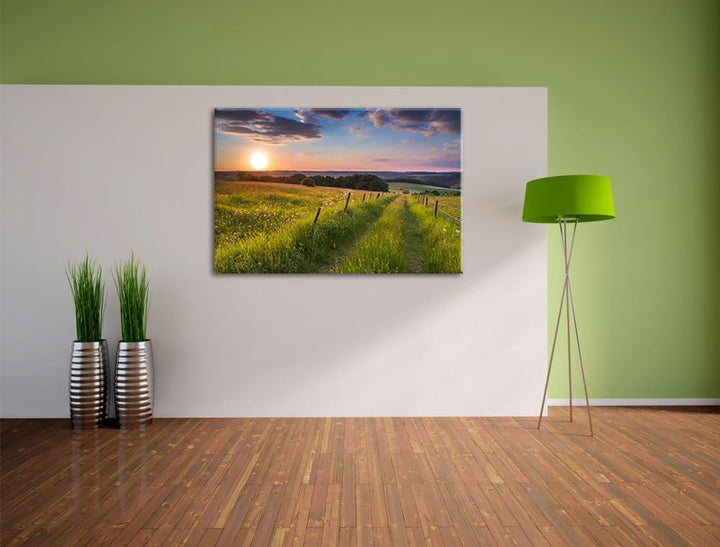 Pixxprint Bergwiese im Sonnenaufgang als Leinwandbild/Grösse: 100x70 cm/Wandbild/Kunstdruck/fertig b