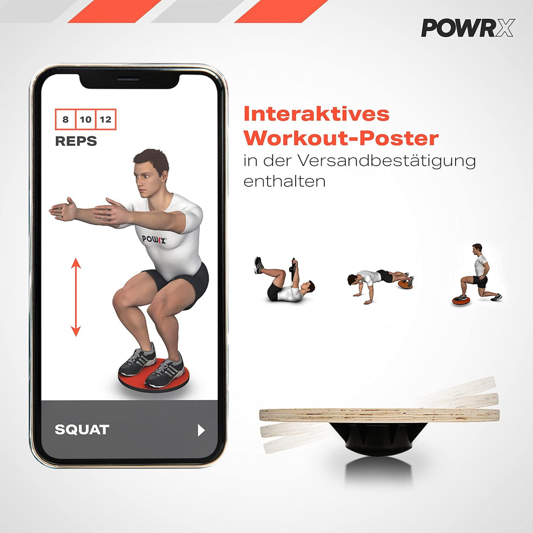 POWRX Balance Board aus Holz - Gleichgewichtstrainer | Bewegungskreisel für Physiotherapie inkl. Wor