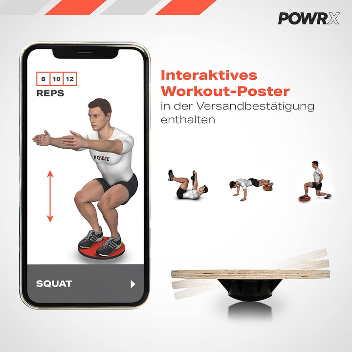 POWRX Balance Board aus Holz - Gleichgewichtstrainer | Bewegungskreisel für Physiotherapie inkl. Wor