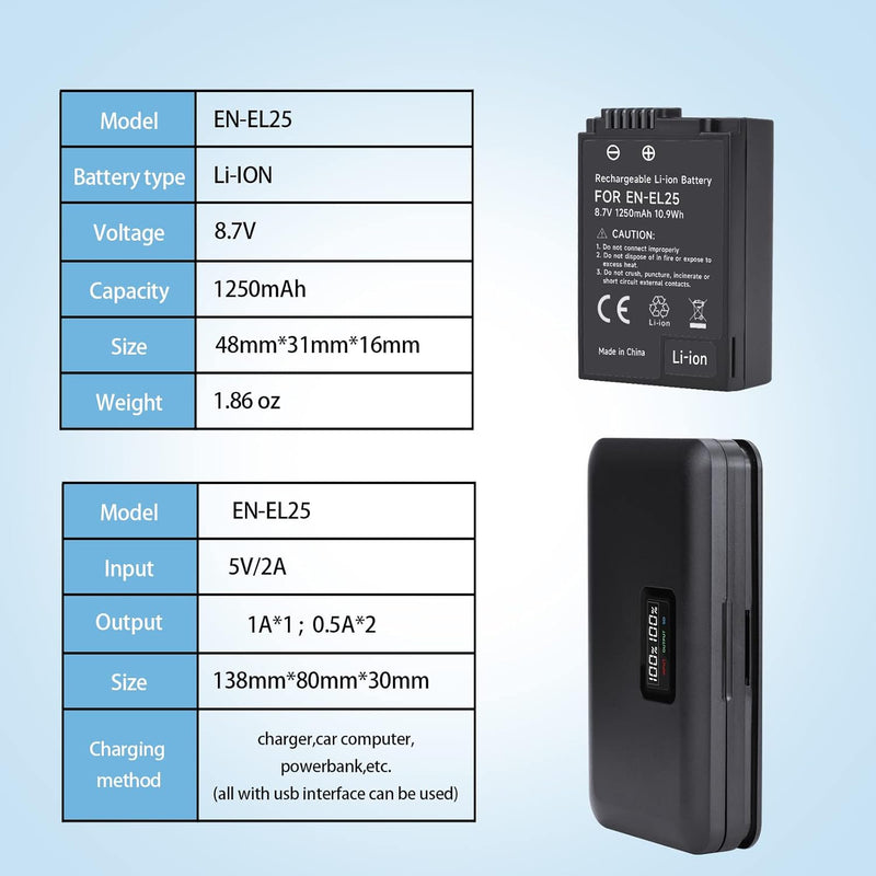 2 Pack ENEL25 ENEL25A Akkus mit LCD Multifunktions Ladegerät Koffer für Nikon Z Serie, Z50, Z30, Z 5