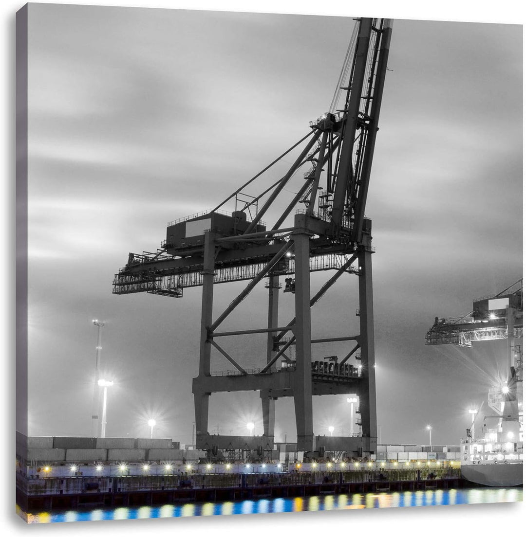 Pixxprint grosser Containerkran im Hafen schwarz/weiss, Format: 70x70 auf Leinwand, 70x70