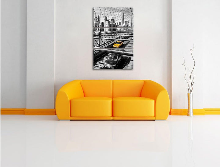 Pixxprint Gelbes Taxi in New York auf Brücke 3-Teiler Leinwandbild 120x80 Bild auf Leinwand