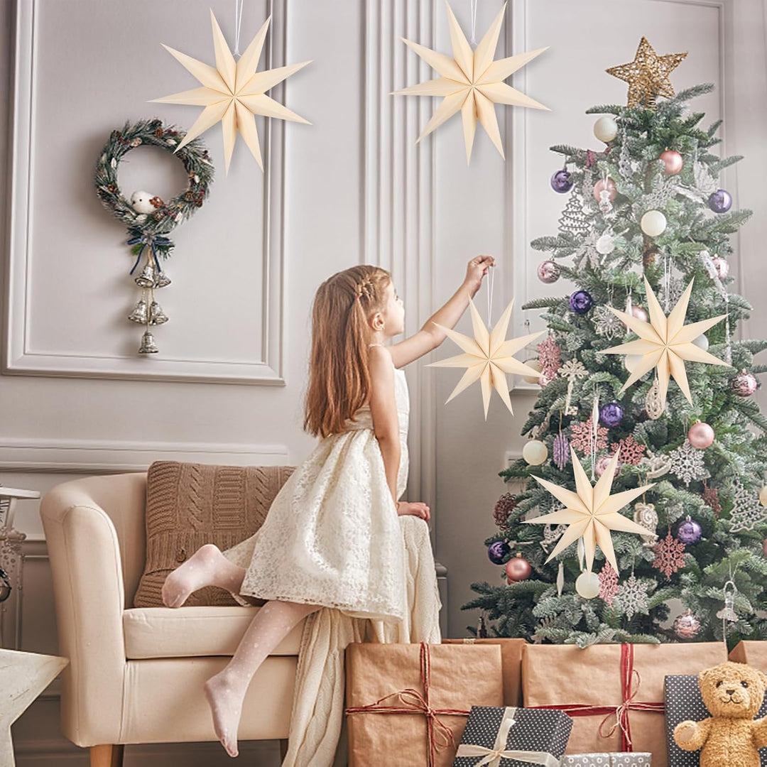 5 Stück Papiersterne Weihnachten Beige 30cm 9 Zacken Creme Papiersterne Faltsterne Aufhängen Weihnac