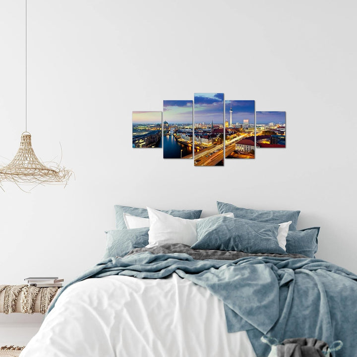 Runa Art Wandbilder Berlin 5 Teilig Bild auf Vlies Leinwand Deko Büro Wohnzimmer Stadt Blau 605152a