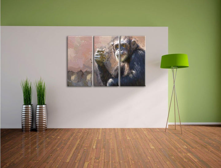 Pixxprint Aufmerksamer Schimpanse Kunst Pinsel Effekt 3-Teiler Leinwandbild 120x80 Bild auf Leinwand