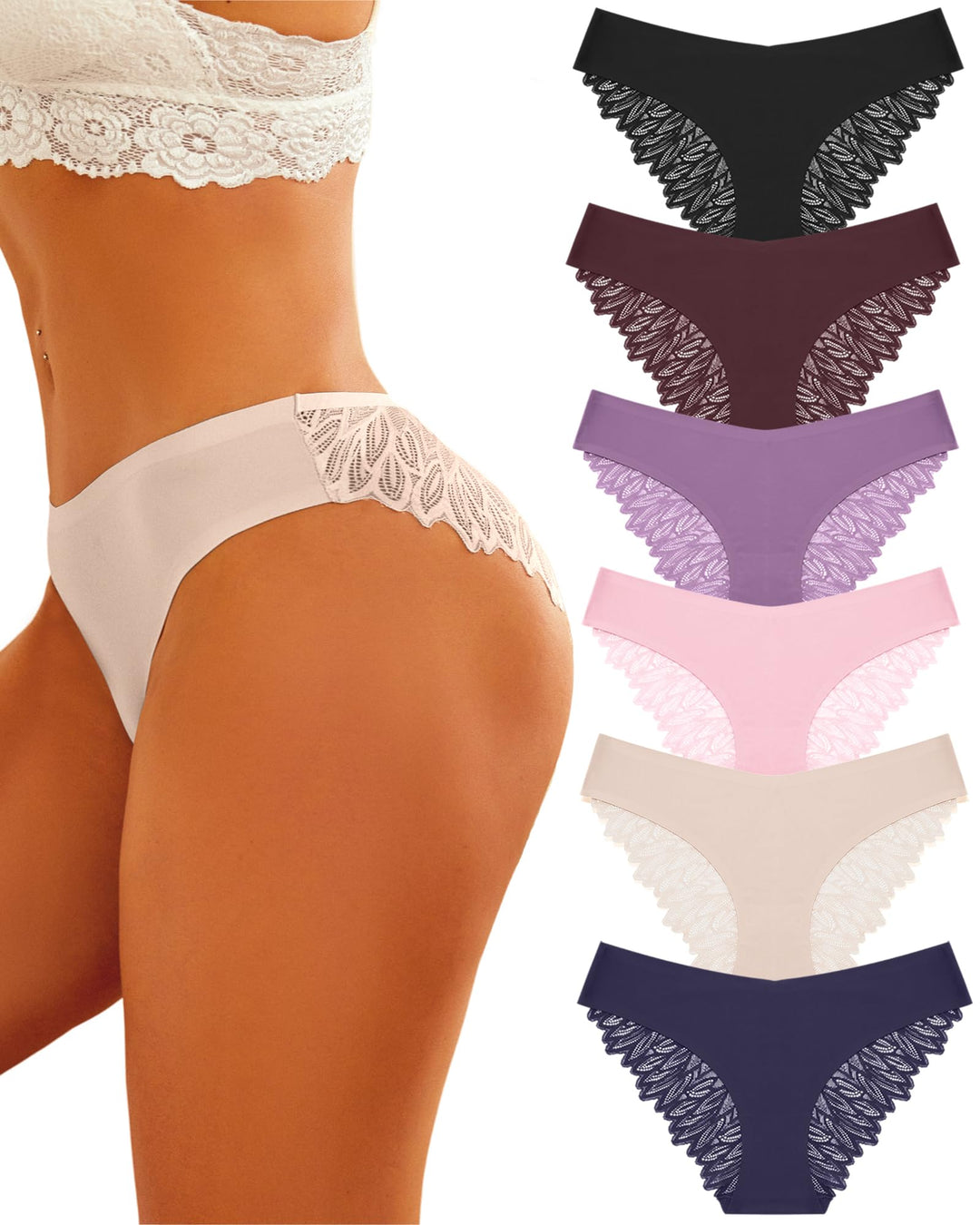 ALL OF ME 6er Pack Seamless Unterwäsche Damen Slip Nahtlos Spitzen Slips Frauen Unterhosen Spitze Se