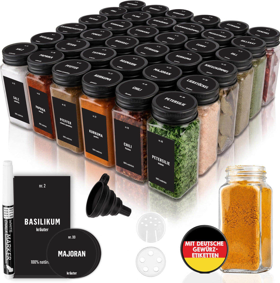 Deco haus® Gewürzgläser Eckig mit Gewürzetiketten Gewürzgläser mit Streueinsatz 36er Set - Gewürzdos