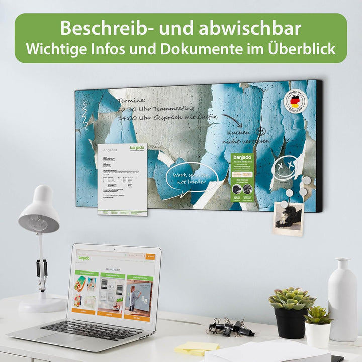 banjado Magnettafel schwarz 78 x 37cm / Magnetwand Metall/Magnetpinnwand als Memoboard/Pinnwand Magn