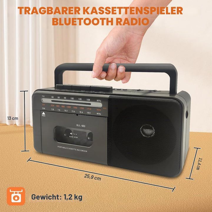 Kassettenspieler Bluetooth Boombox, Tape Recorder AM/FM/SW Radio Stereo Tape Player/Recorder mit gro