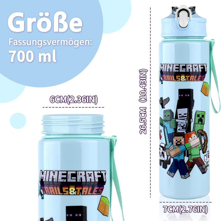 700 ml Trinkflasche mit Strohhalm – Doppelseitiges Cartoon Motiv, auslaufsicherer Trinkbecher mit De