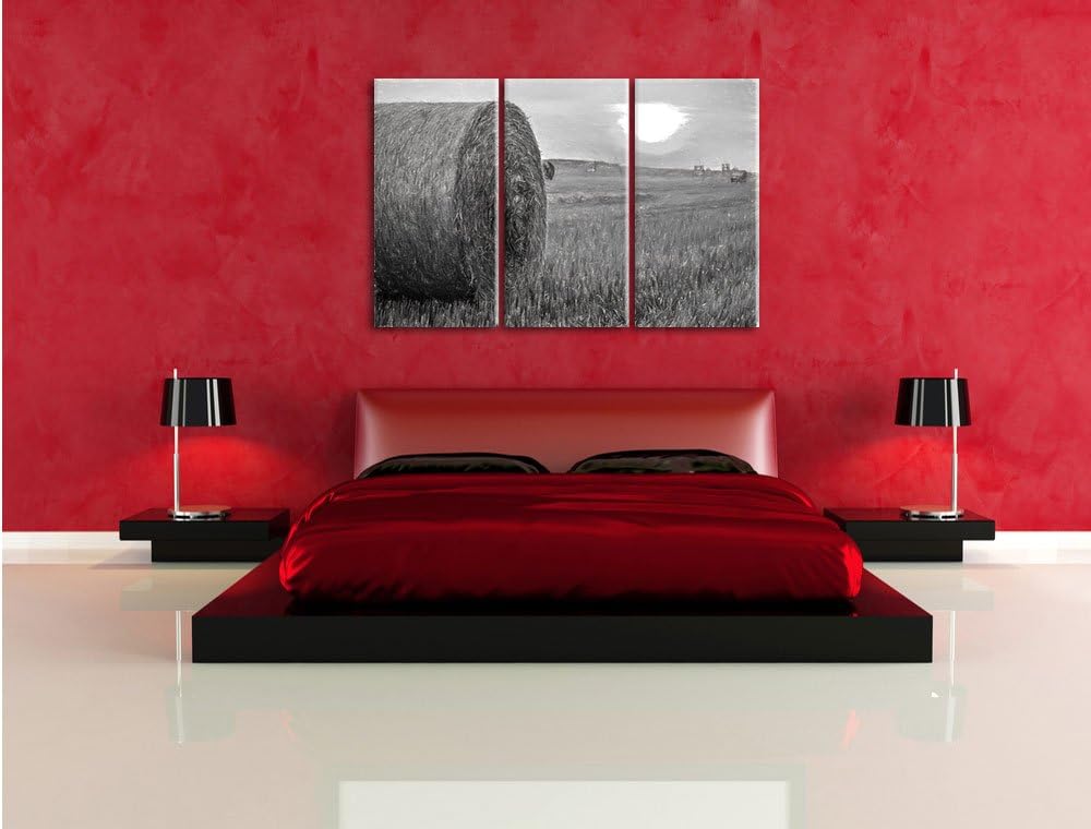 Pixxprint Strohballen auf Feld als Leinwandbild/Grösse: 3 Teilig (120x80) cm/Wandbild/Kunstdruck/fer
