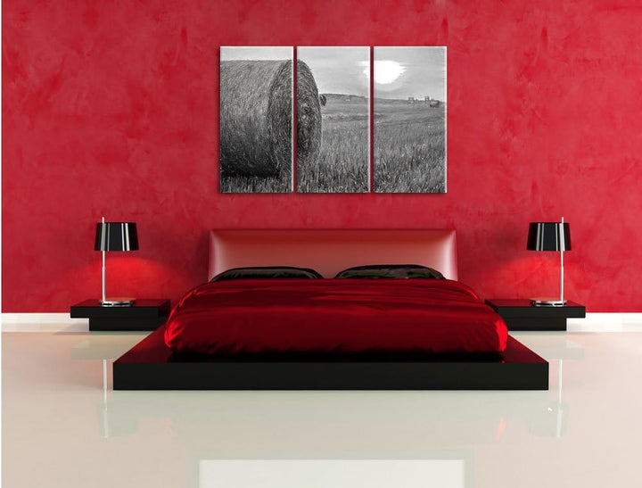 Pixxprint Strohballen auf Feld als Leinwandbild/Grösse: 3 Teilig (120x80) cm/Wandbild/Kunstdruck/fer