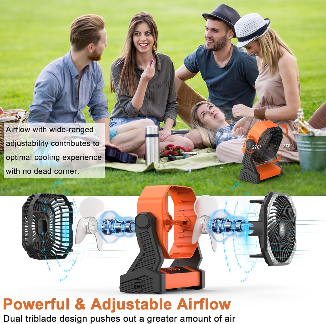 Campingventilator mit LED-Laterne, 20000mAh Zeltventilator mit Haken, 270° Drehung, 4 Geschwindigkei