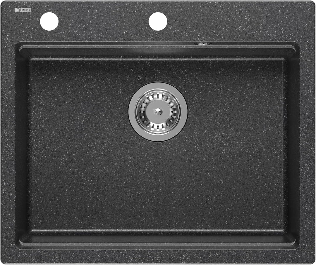 VBChome Set Spülbecken mit Armatur 60 x 50 cm Schwarz Spülmittelspender Siphon Matte Planke Granit S