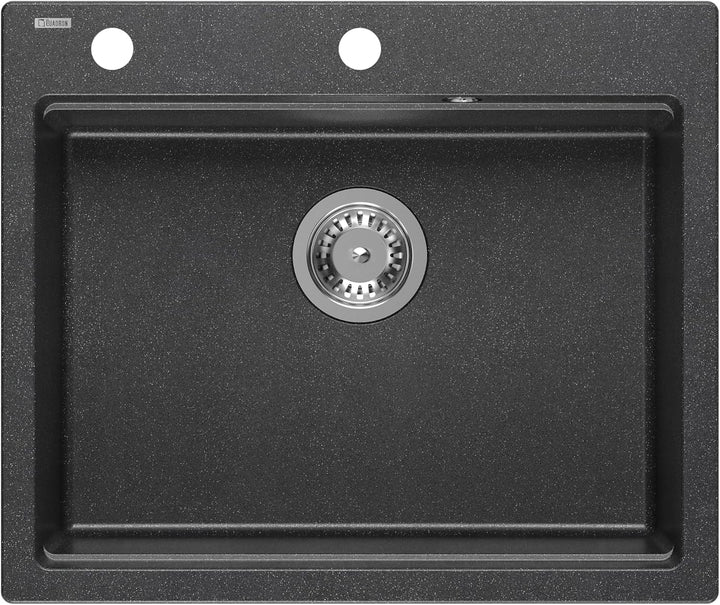 VBChome Set Spülbecken mit Armatur 60 x 50 cm Schwarz Spülmittelspender Siphon Matte Planke Granit S