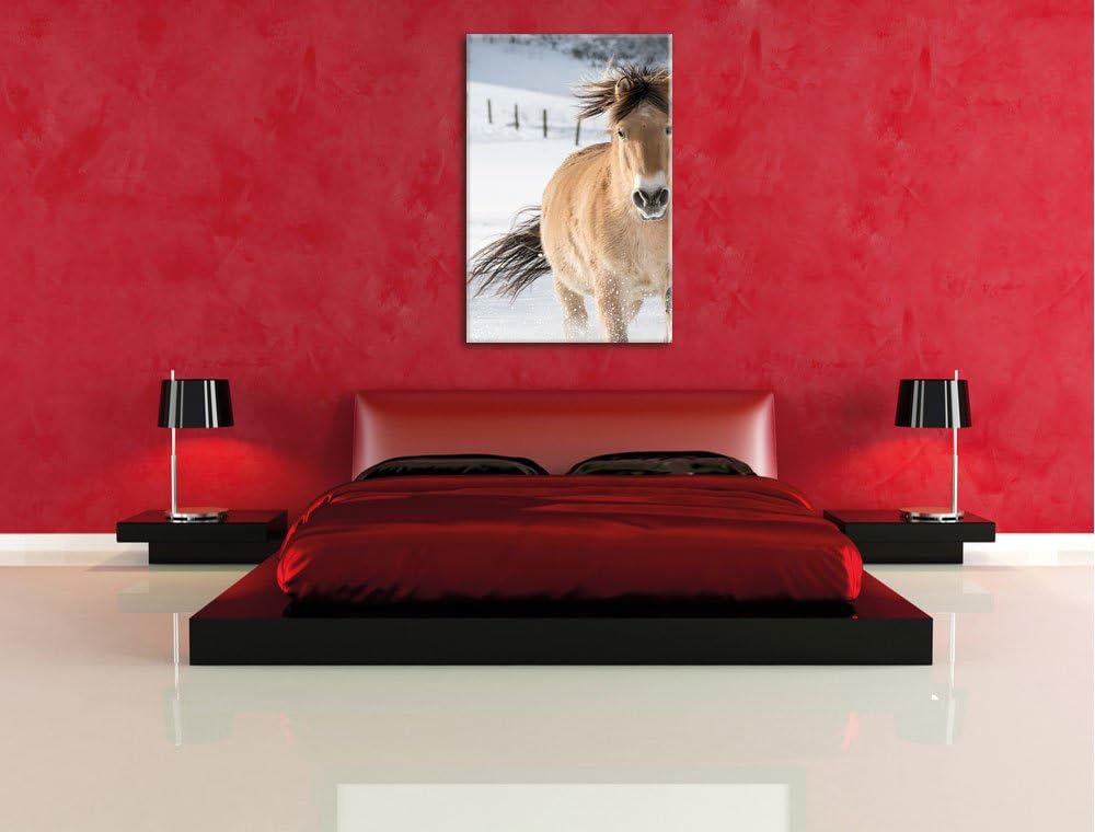 Pferd im Schnee, Format: 100x70 auf Leinwand, XXL riesige Bilder fertig gerahmt mit Keilrahmen, Kuns