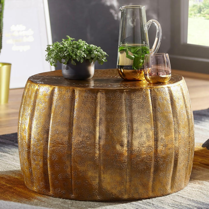Wohnling Couchtisch 60x36x60 cm Aluminium Gold Beistelltisch orientalisch rund | Flacher Sofatisch M