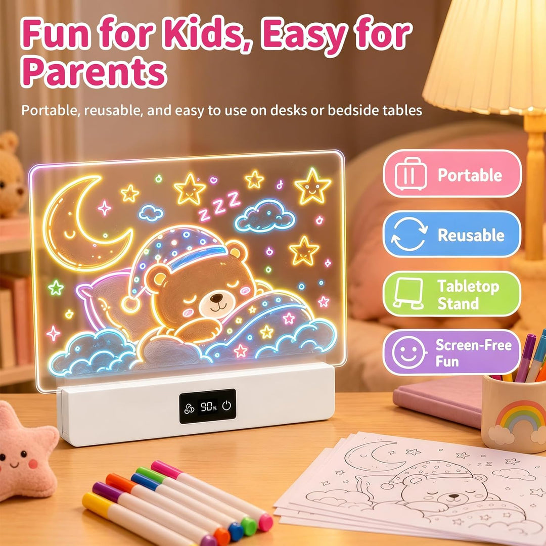 OUTON LED Zeichenbrett Kinder mit 8 Farben & 3 Lichtmodi, Wiederverwendbare Leuchttafel mit 7 Stifte
