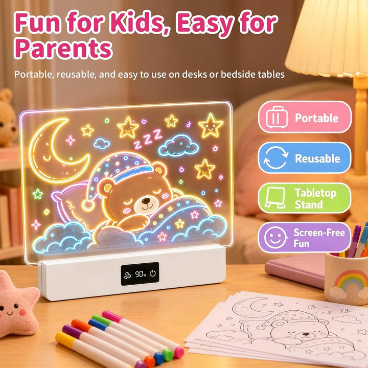 OUTON LED Zeichenbrett Kinder mit 8 Farben & 3 Lichtmodi, Wiederverwendbare Leuchttafel mit 7 Stifte