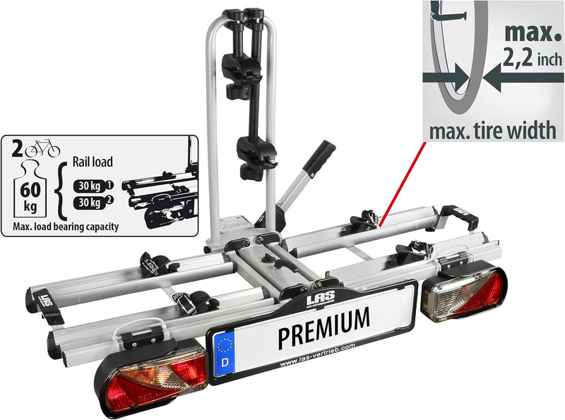 LAS 12011LAS Fahrradträger PREMIUM, E-Bike geeignet, komplett vormontiert, Diebstahlschutz, für 2 Fa