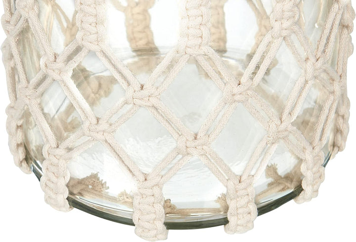 Laterne Glas weiss 31 cm mit Griff Makramee geflochten Tischdeko Boho Jalebi