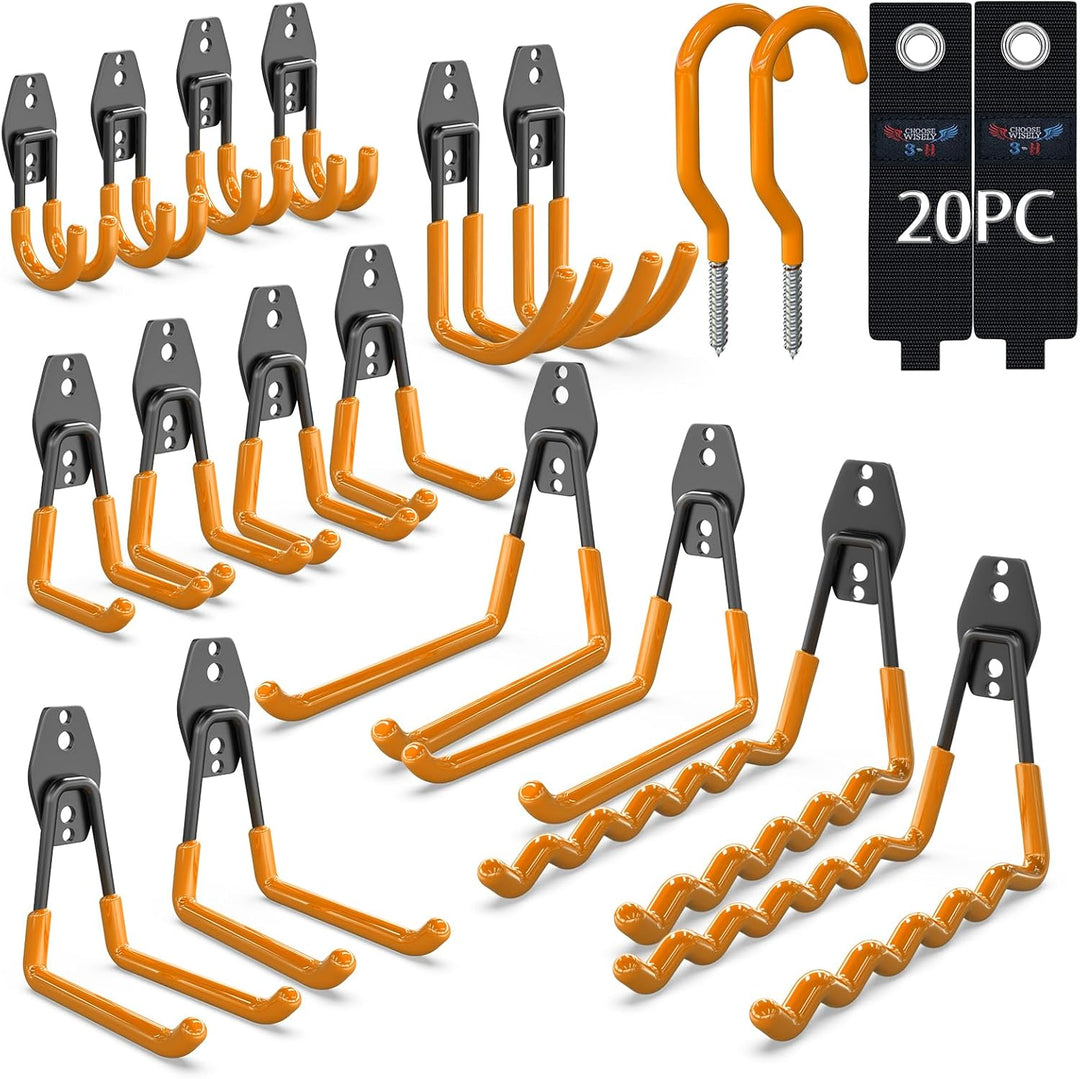 3-H 20 Stück Wandhaken Garage Schwerlast Haken Doppelhaken Garage Storage Hooks mit Fahrradhaken Auf
