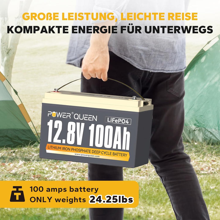 Power Queen 12V 100Ah Lithium LiFePO4 Batterie, gebaut in Smart 100A BMS, Niedrigtemperaturschutz 40