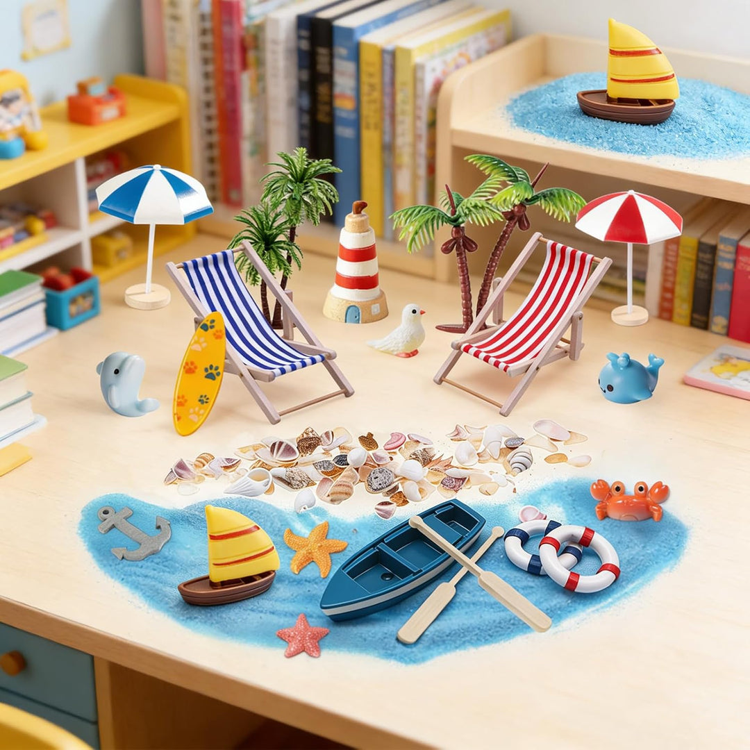 21 Stück Strand-Mikrolandschaft Miniatur Dekoration mit Mini LiegestüHlen Palmen Sonnenschirmen Couc
