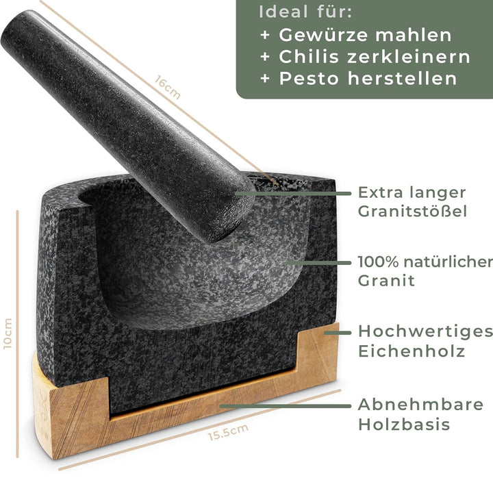 WALDWERK Mörser mit Stössel - Mörser auf edler und stabiler Eichenholzbasis - Mörser mit extra lange