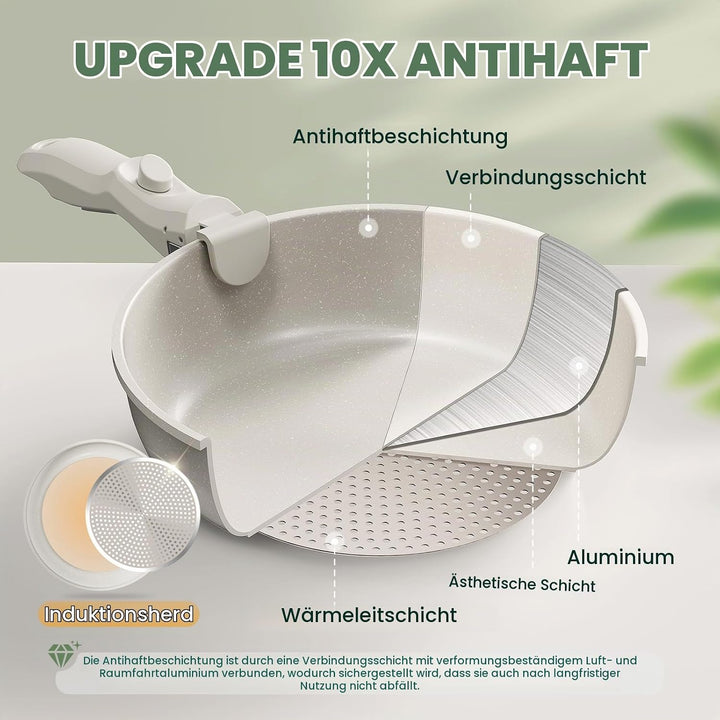 PureGlow Granit Antihaft-Kochset mit abnehmbaren Griffen – 10-teilig inkl. Bratpfanne und Kochtopf m