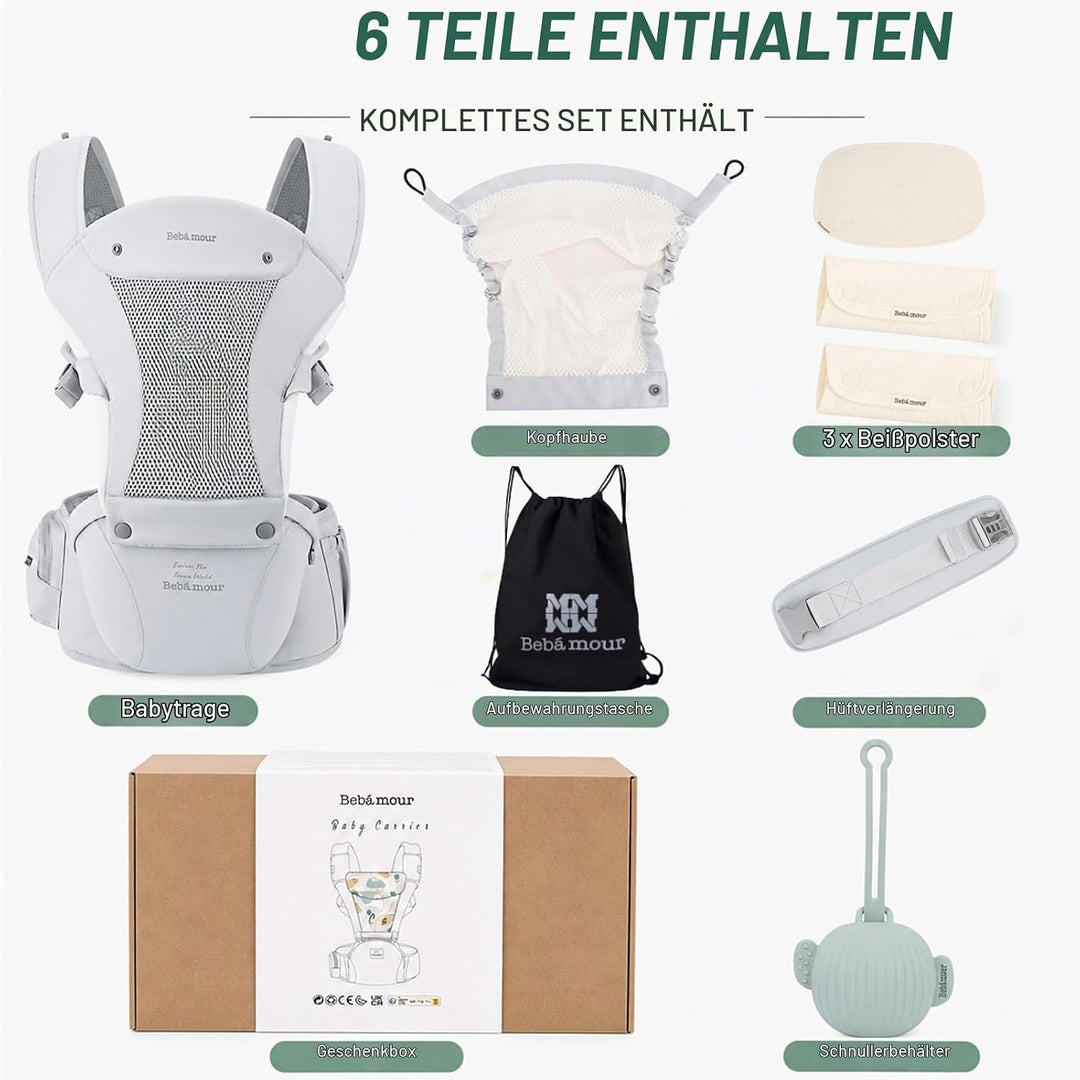 Bebamour Babytrage für Neugeborene bis Kleinkinder, Hüftsitz 0-36 Monate mit Kopfhaube, 3 Stück Beis