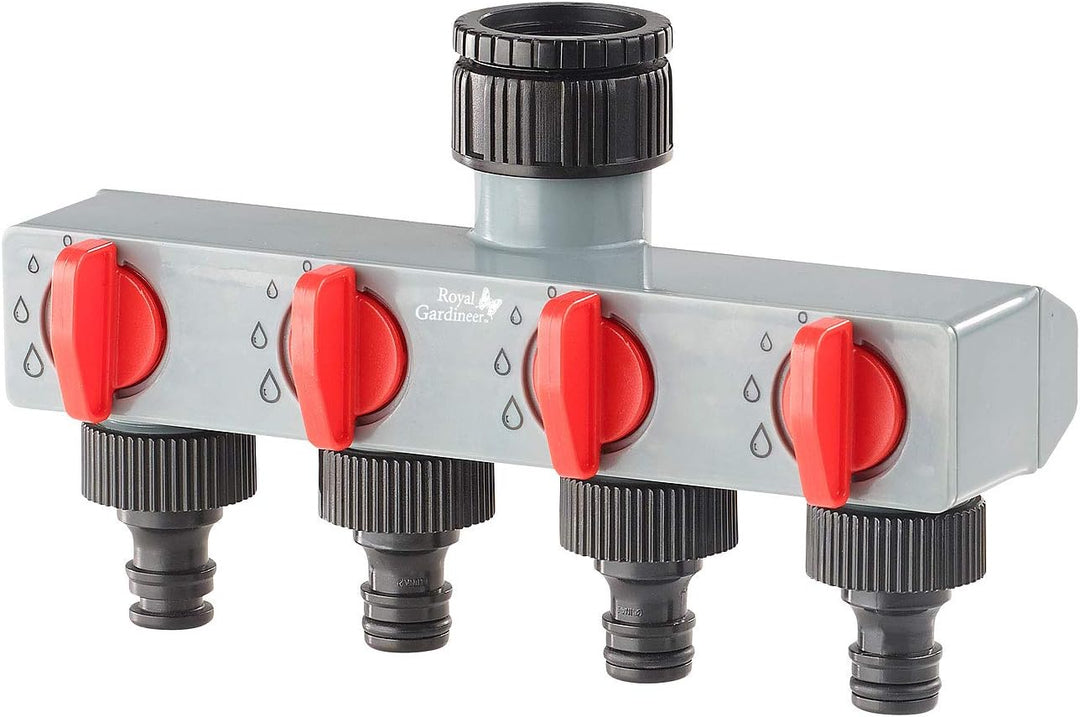 Royal Gardineer Magnetventil: Bewässerungscomputer mit 4-Wege-Verteiler, Regensensor & Magnet-Ventil