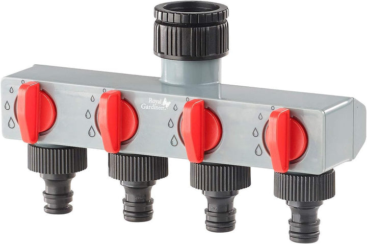 Royal Gardineer Magnetventil: Bewässerungscomputer mit 4-Wege-Verteiler, Regensensor & Magnet-Ventil