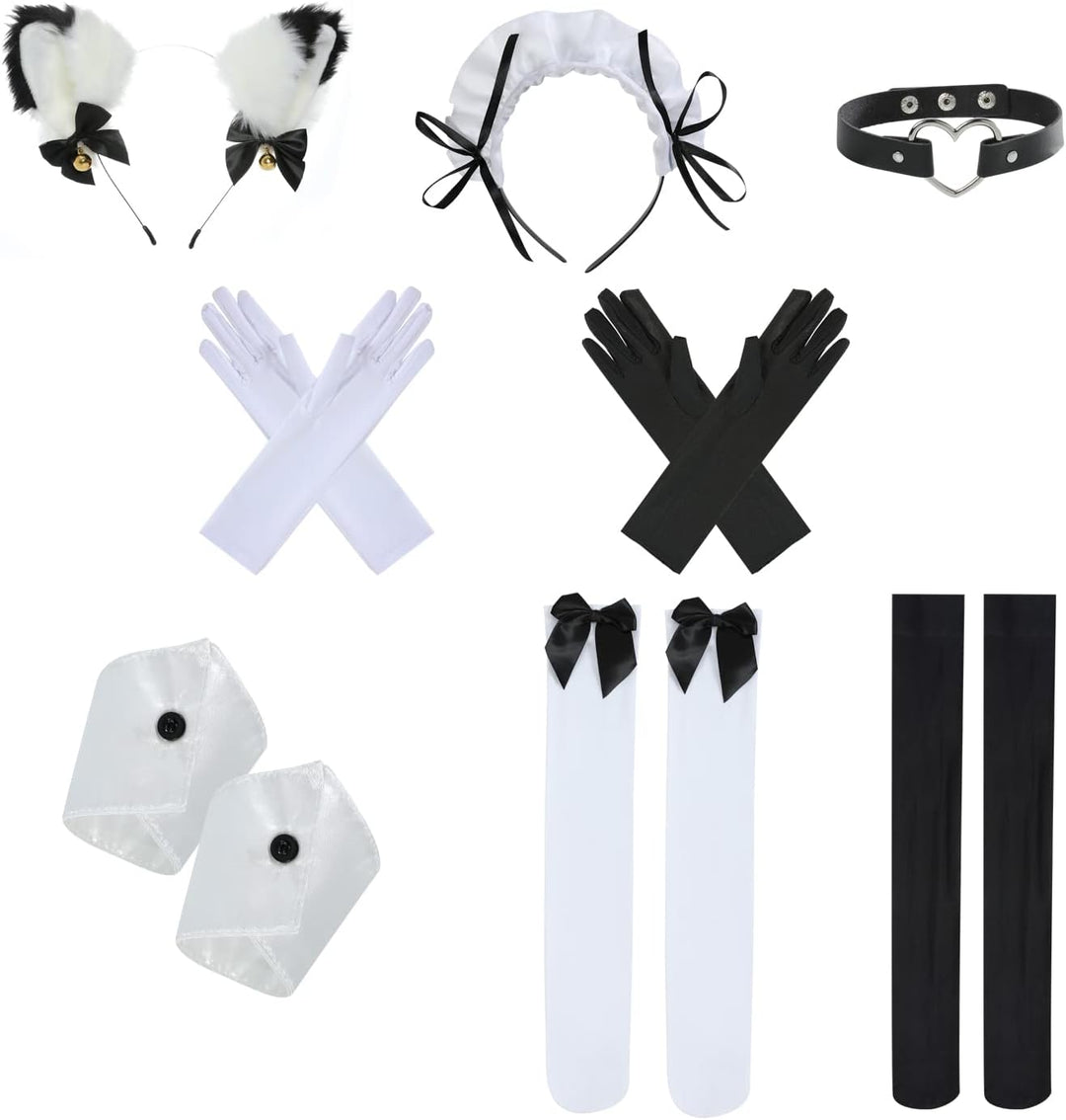 nbe - Niedliches Anime Französisch Dienstmädchenkleid mit 12-TLG. Kuchengarnitur, Herz-Choker-Kostüm