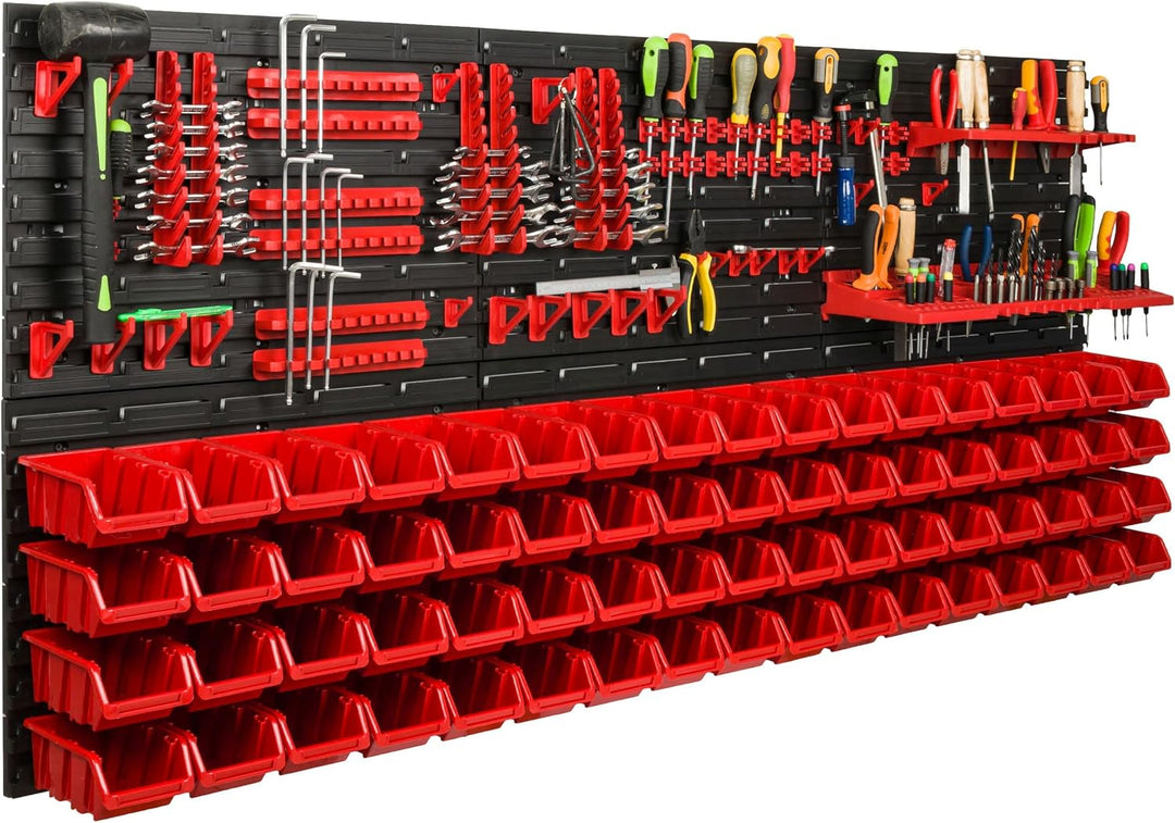 Lagersystem Werkstattregal | 172 x 78 cm | 68 stck. Box | Wandregal mit Werkzeughalterungen und Stap