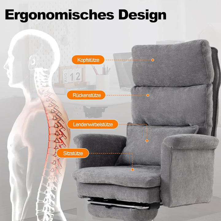 UEV Bürostuhl Ergonomisch mit Fussstütze bis 226kg,klappbare Armlehnen/Dicker Sitzpolsterung/Verstel