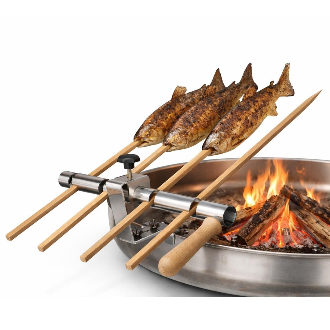 Premium Steckerlfisch Halter für Feuerschale - Platz für 4 Fische - Fisch Grill Aufsatz passt auf Je