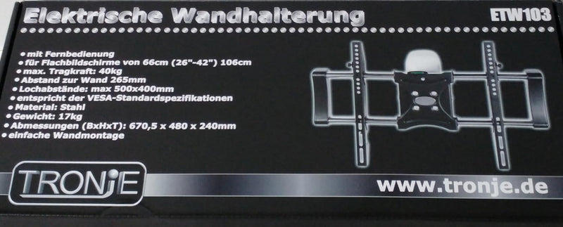 Tronje ETW103 Motor-Wandhalterung elektrische Wand-Halterung für LED LCD Plasma Bildschirme von 26"