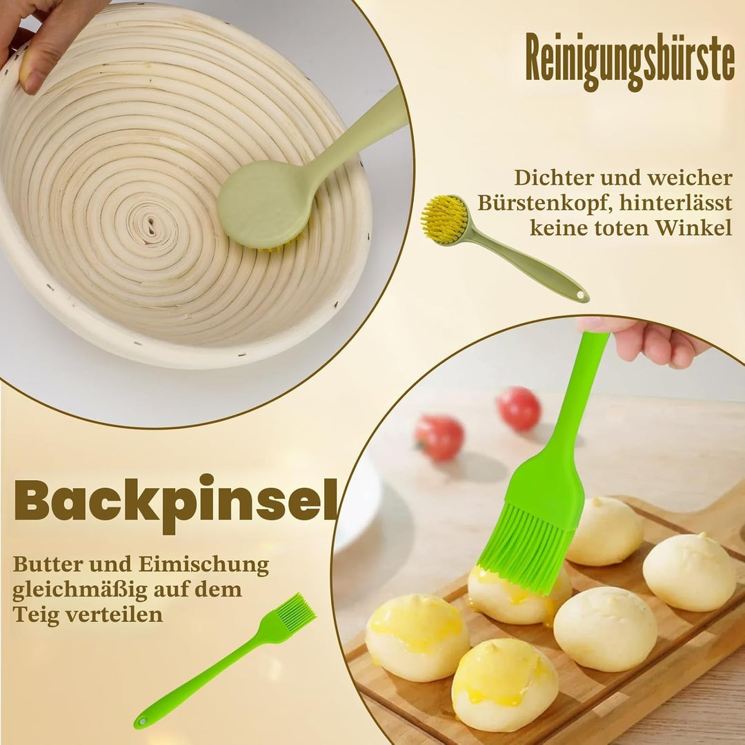 Brotgärkorb-Set, runder und ovaler Sauerteig-Gärkorb, 100 % natürliches Rattan, Brotlame, Teigbesen,