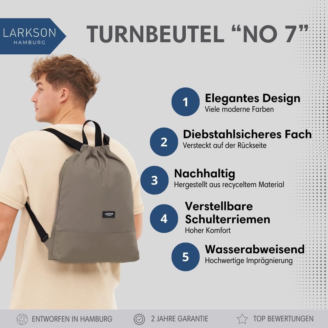 LARKSON Turnbeutel Damen &amp; Herren Grau - No 7 - Rucksack Damen für Sport und Festival - Beutel Rucks